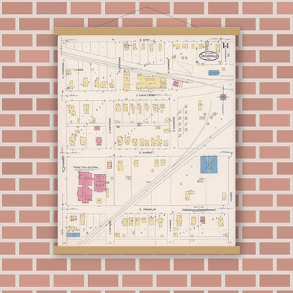 Old map wall art mockup — magnetic wood frame on brick wall — Sanborn Fire Insurance Map from Taylorville, Christian County, Illinois (1922), Sheet #0014