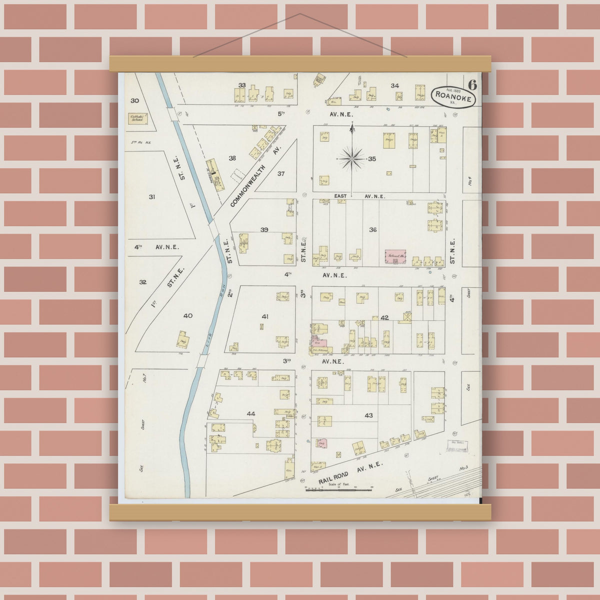Old map wall art mockup — magnetic wood frame on brick wall — Sanborn Fire Insurance Map from Roanoke, Independent Cities, Virginia (1889), Sheet #0006