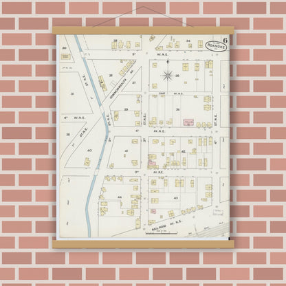 Old map wall art mockup — magnetic wood frame on brick wall — Sanborn Fire Insurance Map from Roanoke, Independent Cities, Virginia (1889), Sheet #0006