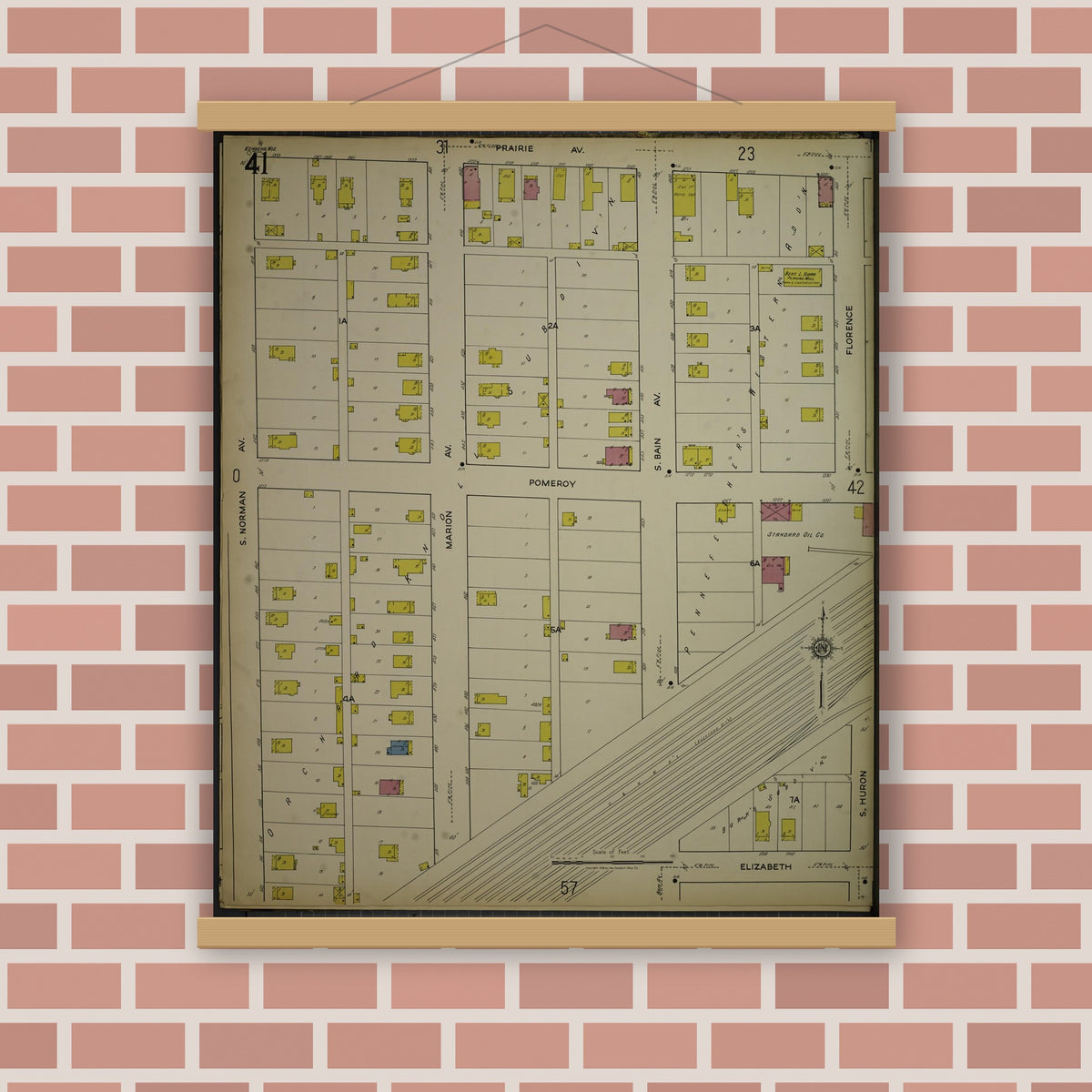 Old map wall art mockup — magnetic wood frame on brick wall — Sanborn Fire Insurance Map from Kenosha, Kenosha County, Wisconsin. (1918), Sheet 45