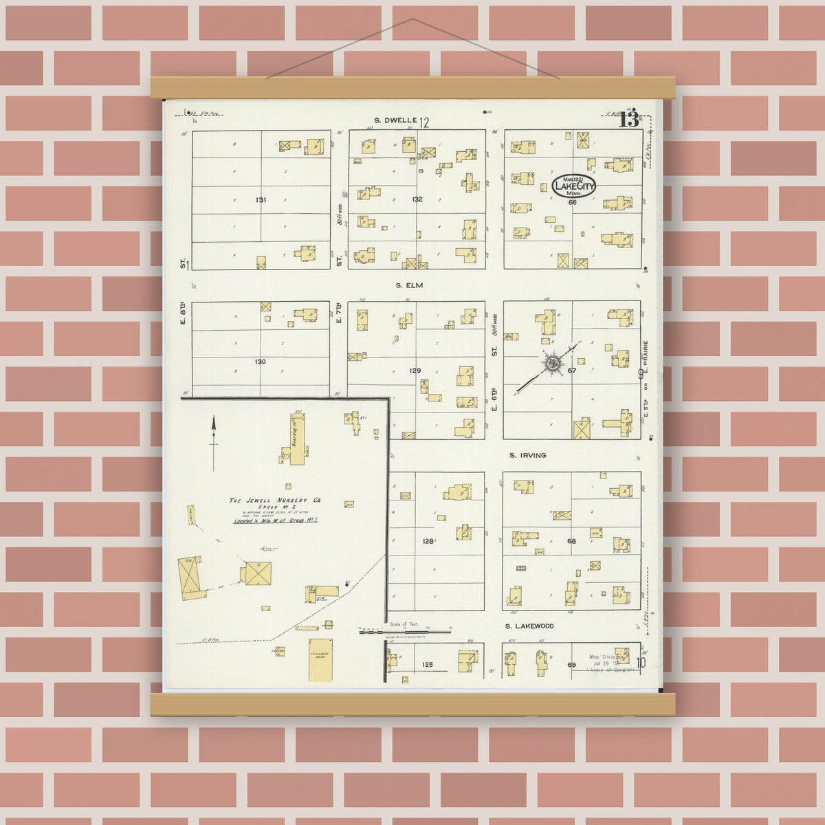 Old map wall art mockup — magnetic wood frame on brick wall — Sanborn Fire Insurance Map from Lake City, Wabasha County, Minnesota (1921), Sheet #0013