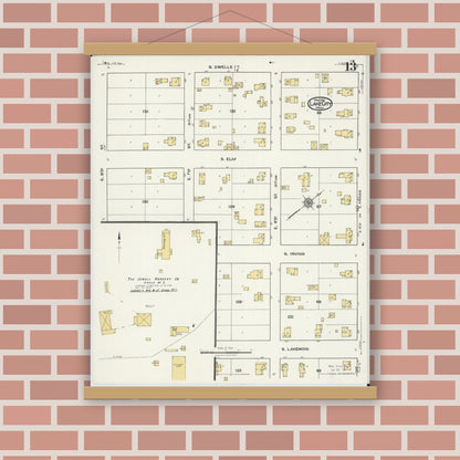 Old map wall art mockup — magnetic wood frame on brick wall — Sanborn Fire Insurance Map from Lake City, Wabasha County, Minnesota (1921), Sheet #0013