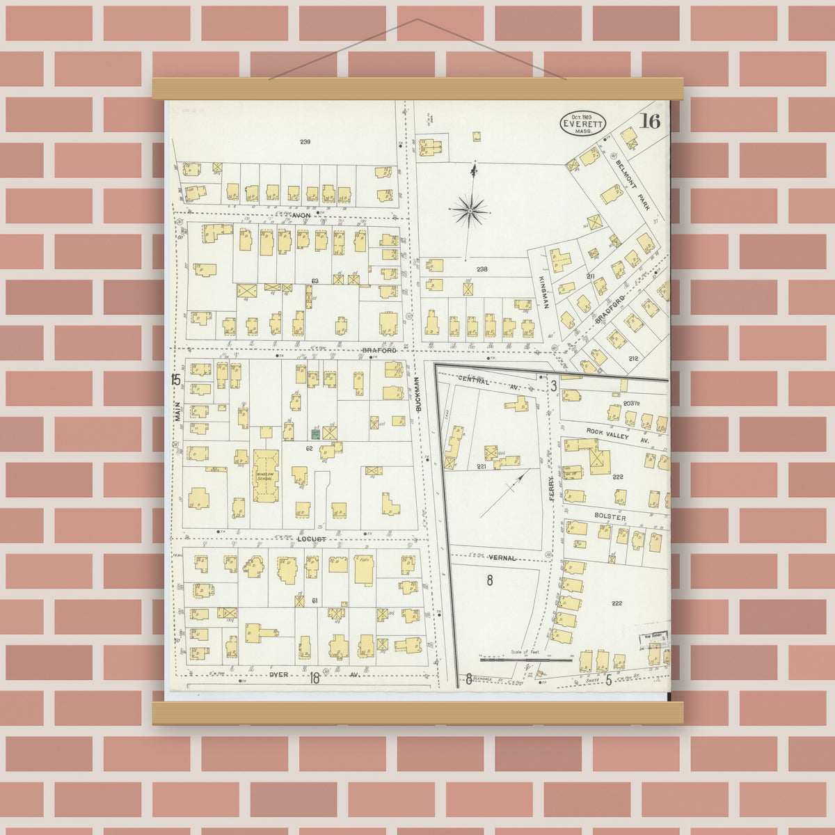 Old map wall art mockup — magnetic wood frame on brick wall — Sanborn Fire Insurance Map from Everett, Middlesex County, Massachusetts (1903), Sheet #0016
