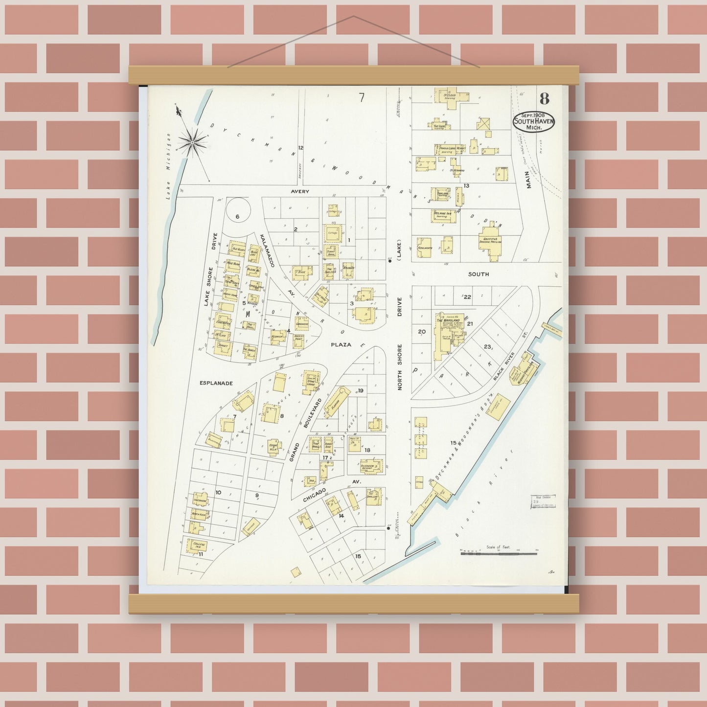 Old map wall art mockup — magnetic wood frame on brick wall — Sanborn Fire Insurance Map from South Haven, Van Buren County, Michigan (1908), Sheet #0008