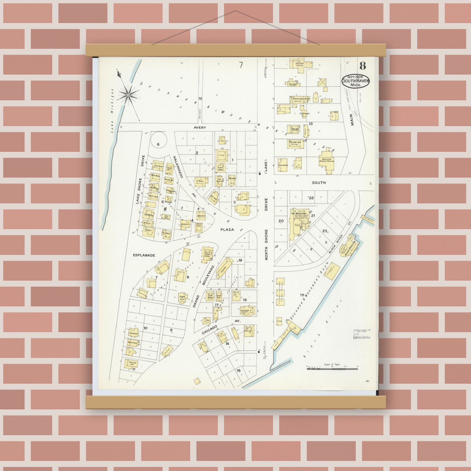 Old map wall art mockup — magnetic wood frame on brick wall — Sanborn Fire Insurance Map from South Haven, Van Buren County, Michigan (1908), Sheet #0008