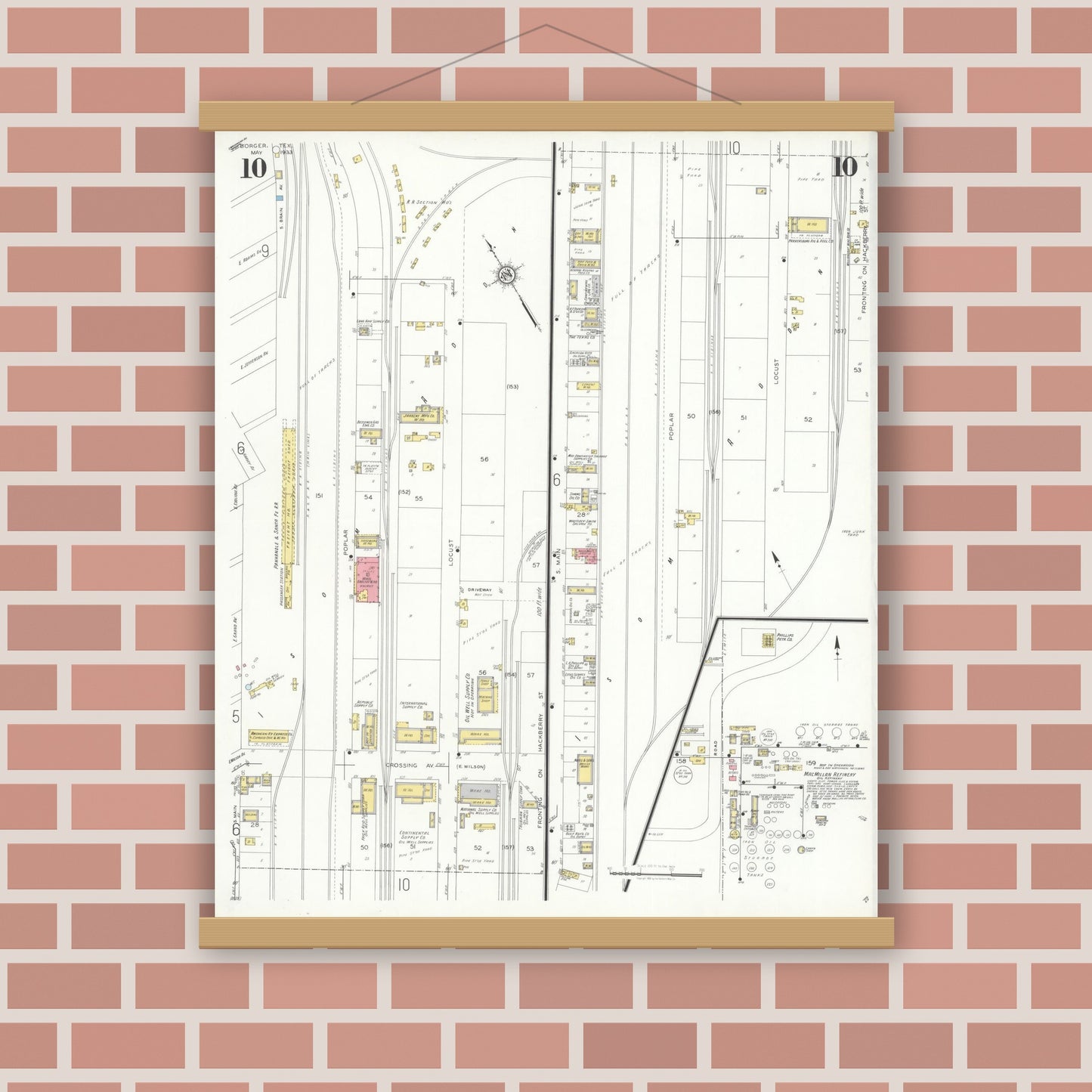Old map wall art mockup — magnetic wood frame on brick wall — Sanborn Fire Insurance Map from Borger, Hutchinson County, Texas (1933), Sheet #0010