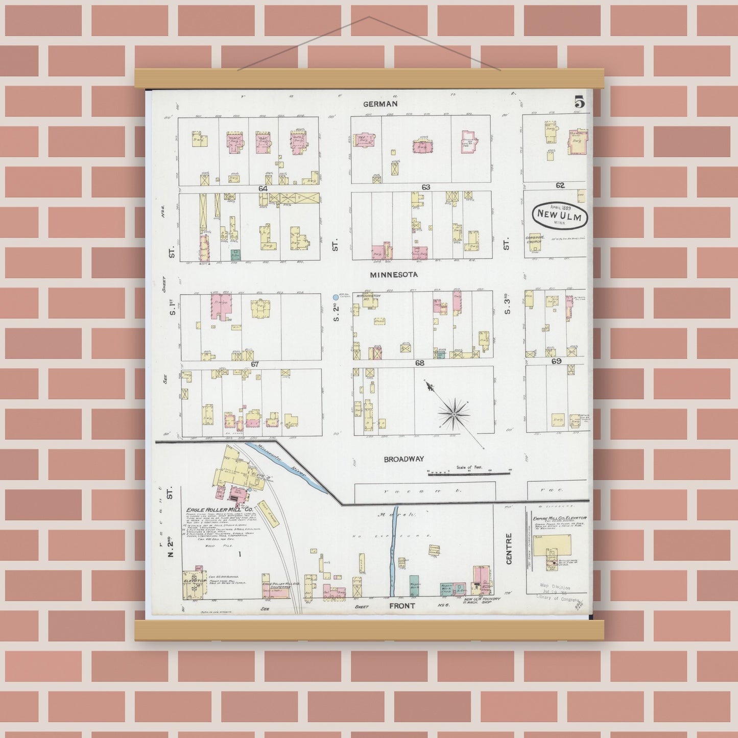 Old map wall art mockup — magnetic wood frame on brick wall — Sanborn Fire Insurance Map from New Ulm, Brown County, Minnesota (1889), Sheet #0005