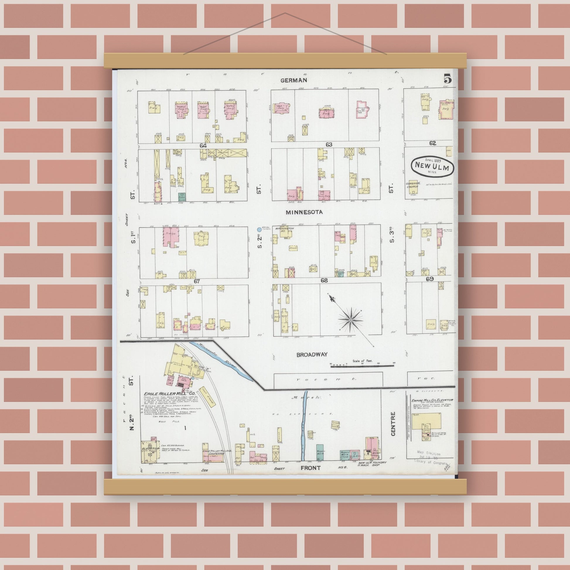 Old map wall art mockup — magnetic wood frame on brick wall — Sanborn Fire Insurance Map from New Ulm, Brown County, Minnesota (1889), Sheet #0005