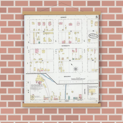 Old map wall art mockup — magnetic wood frame on brick wall — Sanborn Fire Insurance Map from New Ulm, Brown County, Minnesota (1889), Sheet #0005