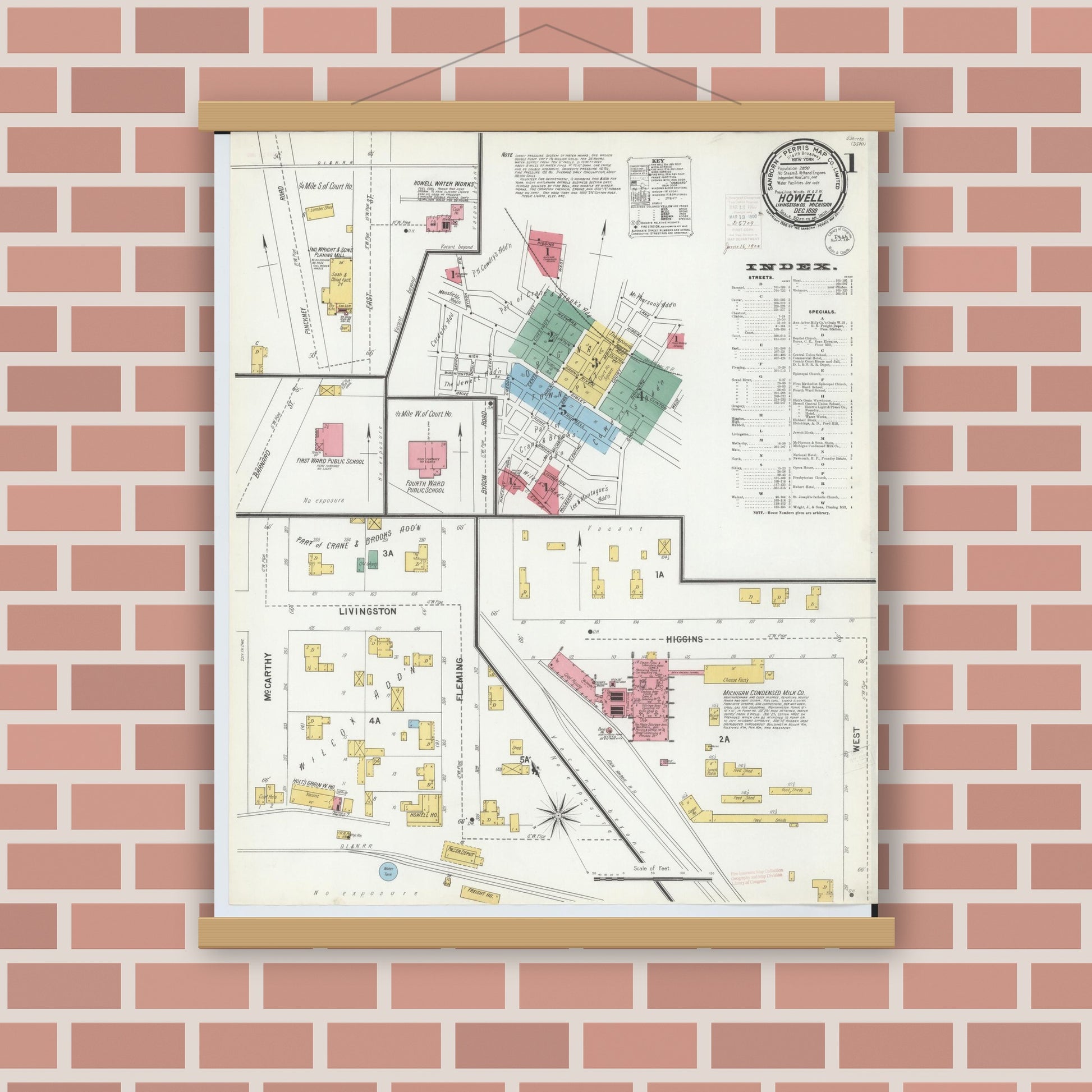 Old map wall art mockup — magnetic wood frame on brick wall — Sanborn Fire Insurance Map from Howell, Livingston County, Michigan (1899) - Complete Map Set