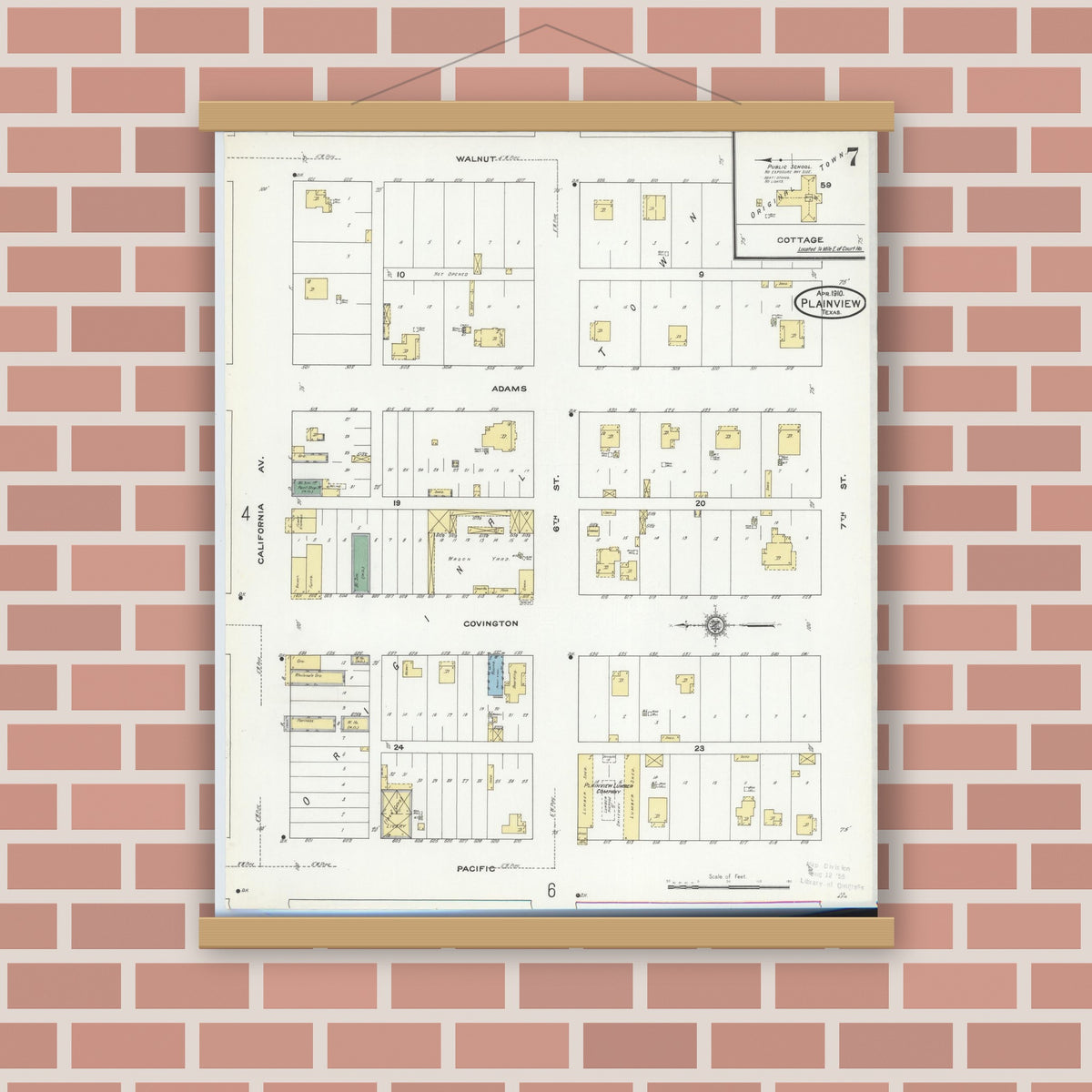 Old map wall art mockup — magnetic wood frame on brick wall — Sanborn Fire Insurance Map from Plainview, Hale County, Texas (1910), Sheet #0007