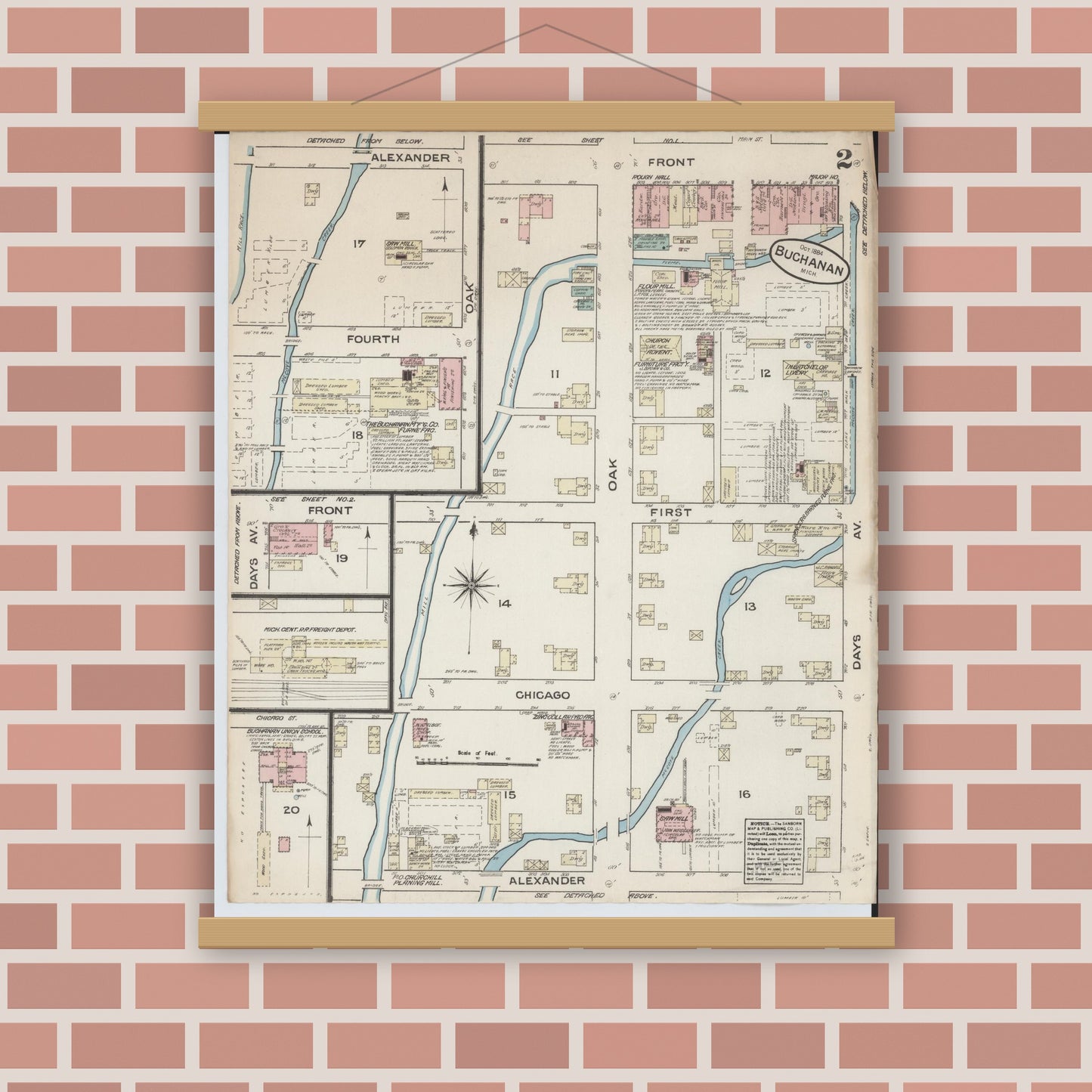 Old map wall art mockup — magnetic wood frame on brick wall — Sanborn Fire Insurance Map from Buchanan, Berrien County, Michigan (1884), Sheet #0002