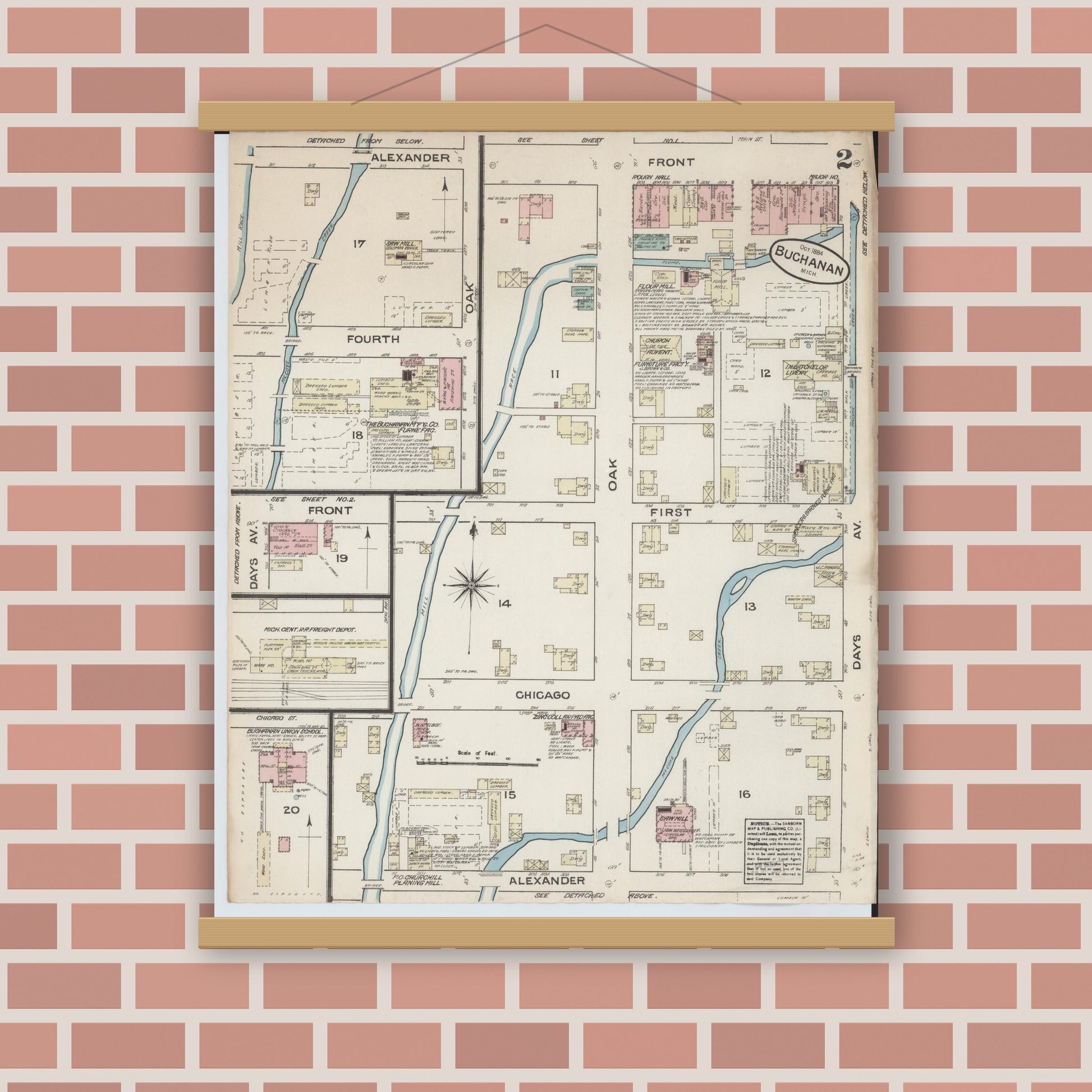 Old map wall art mockup — magnetic wood frame on brick wall — Sanborn Fire Insurance Map from Buchanan, Berrien County, Michigan (1884), Sheet #0002
