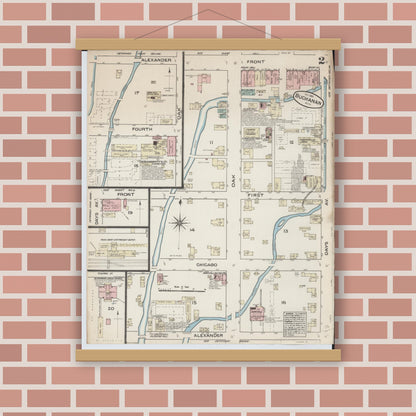 Old map wall art mockup — magnetic wood frame on brick wall — Sanborn Fire Insurance Map from Buchanan, Berrien County, Michigan (1884), Sheet #0002
