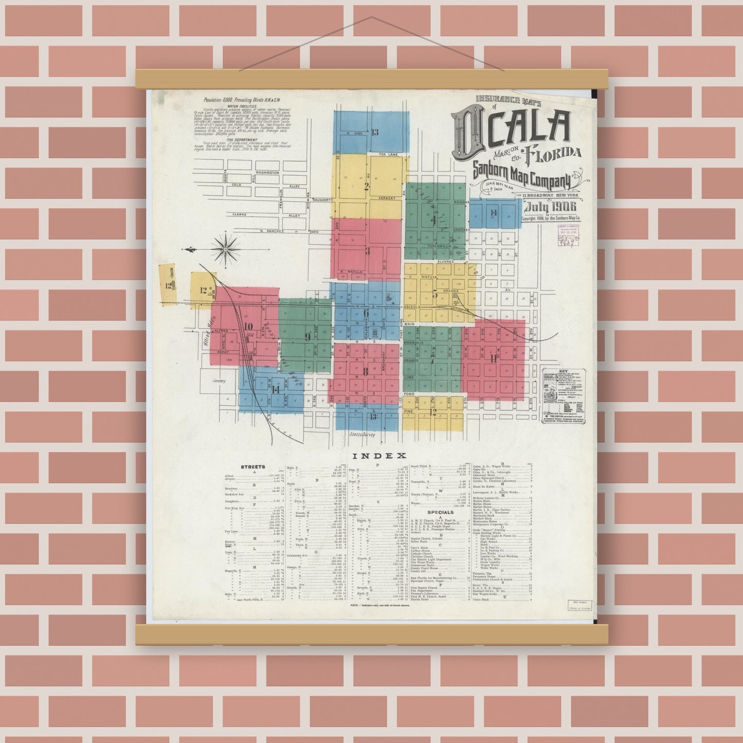 Old map wall art mockup — magnetic wood frame on brick wall — Sanborn Fire Insurance Map from Ocala, Marion County, Florida (1906), Sheet #0001