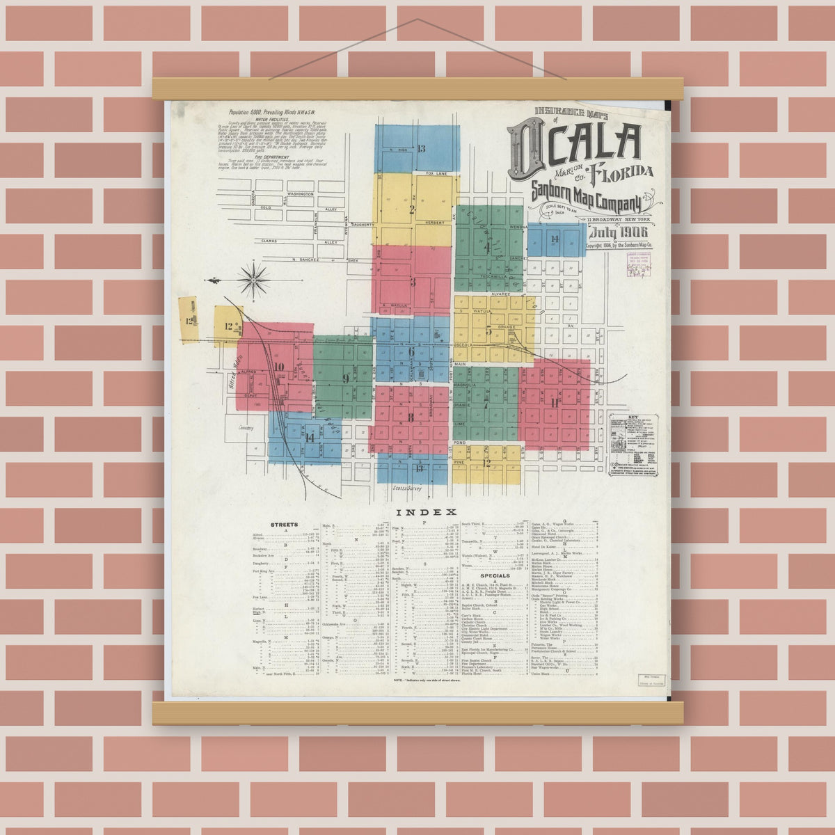 Old map wall art mockup — magnetic wood frame on brick wall — Sanborn Fire Insurance Map from Ocala, Marion County, Florida (1906), Sheet #0001
