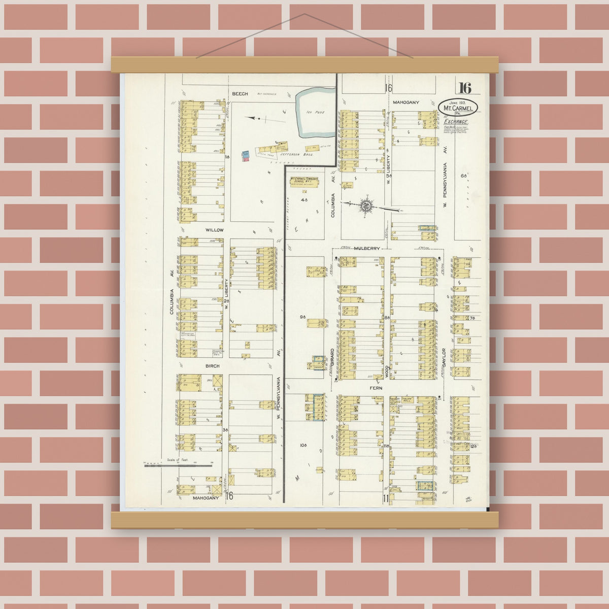 Old map wall art mockup — magnetic wood frame on brick wall — Sanborn Fire Insurance Map from Mount Carmel, Northumberland County, Pennsylvania (1913), Sheet #0016