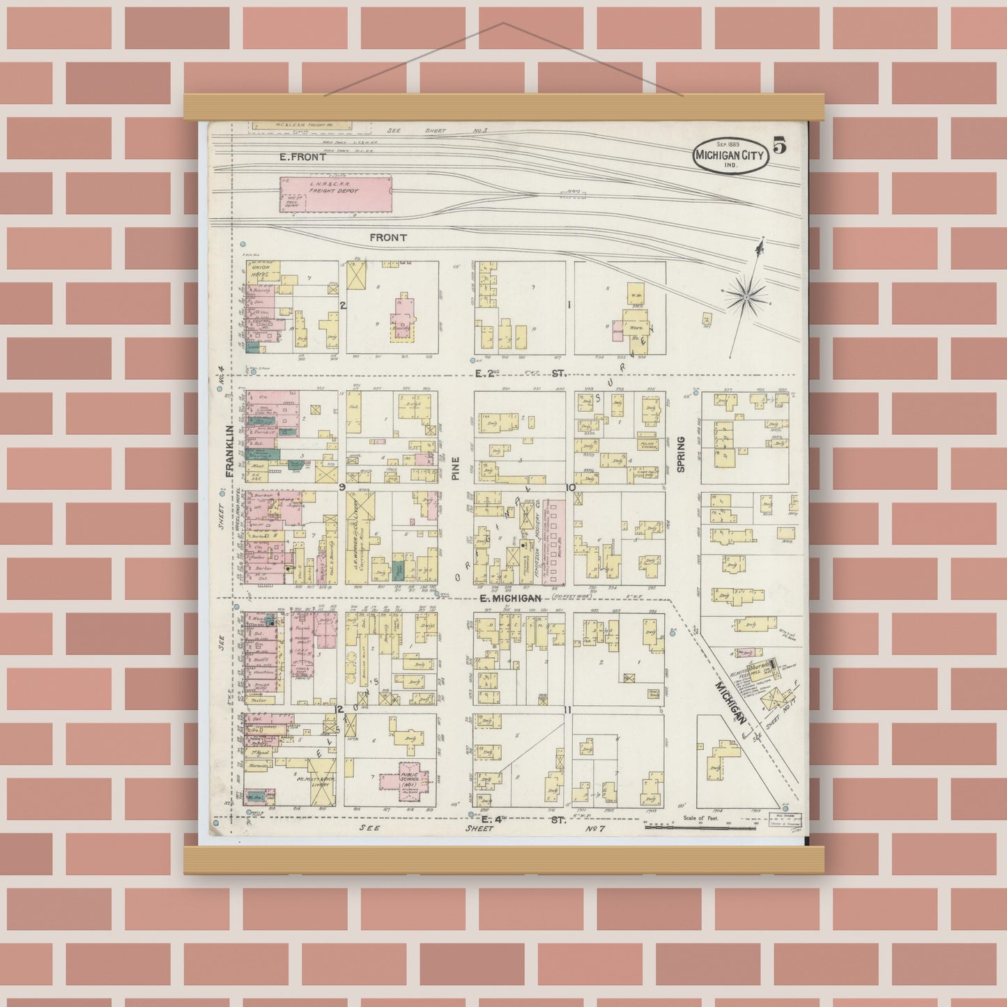 Old map wall art mockup — magnetic wood frame on brick wall — Sanborn Fire Insurance Map from Michigan City, La Porte County, Indiana (1889), Sheet #0005
