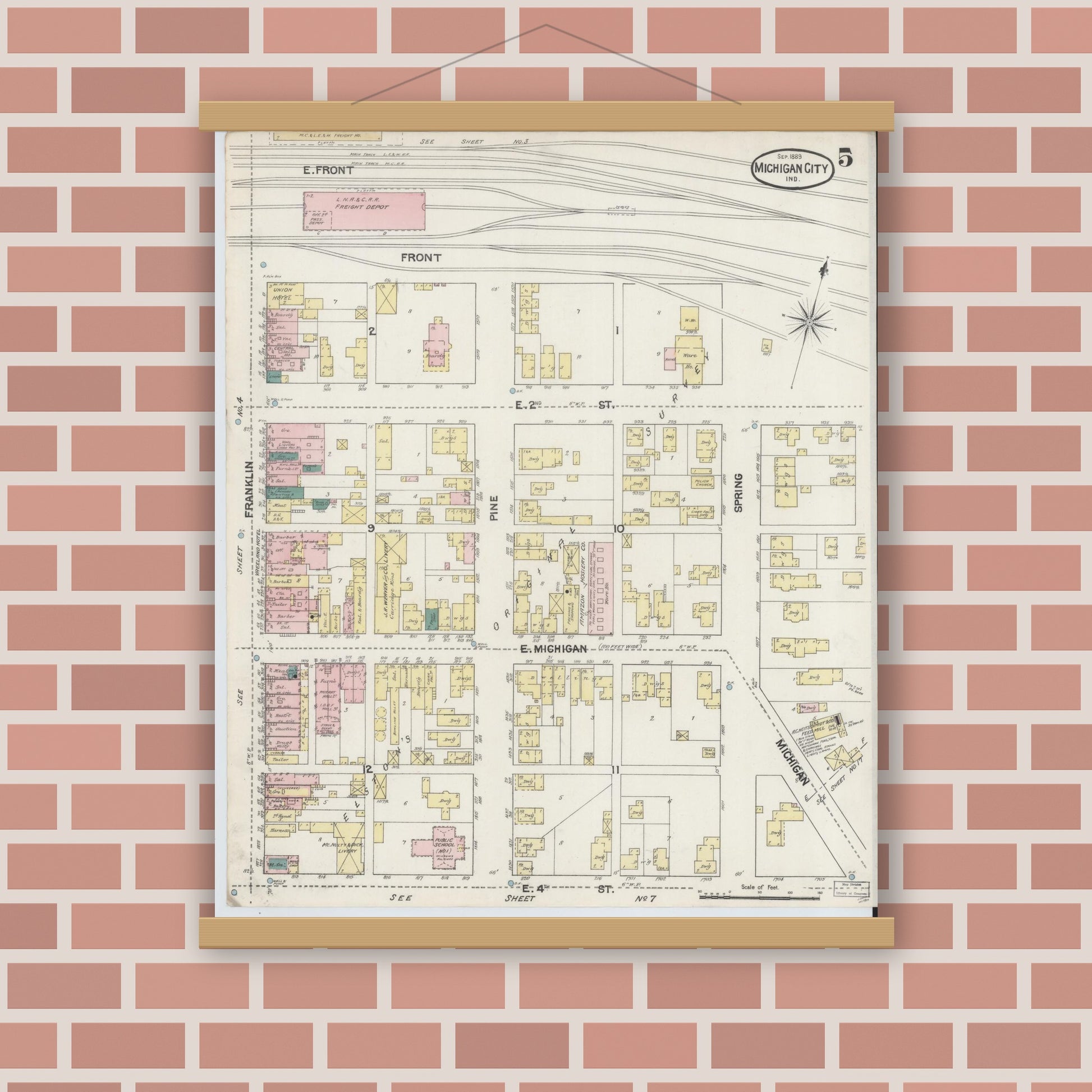 Old map wall art mockup — magnetic wood frame on brick wall — Sanborn Fire Insurance Map from Michigan City, La Porte County, Indiana (1889), Sheet #0005