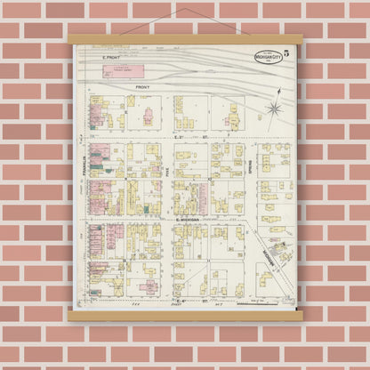 Old map wall art mockup — magnetic wood frame on brick wall — Sanborn Fire Insurance Map from Michigan City, La Porte County, Indiana (1889), Sheet #0005