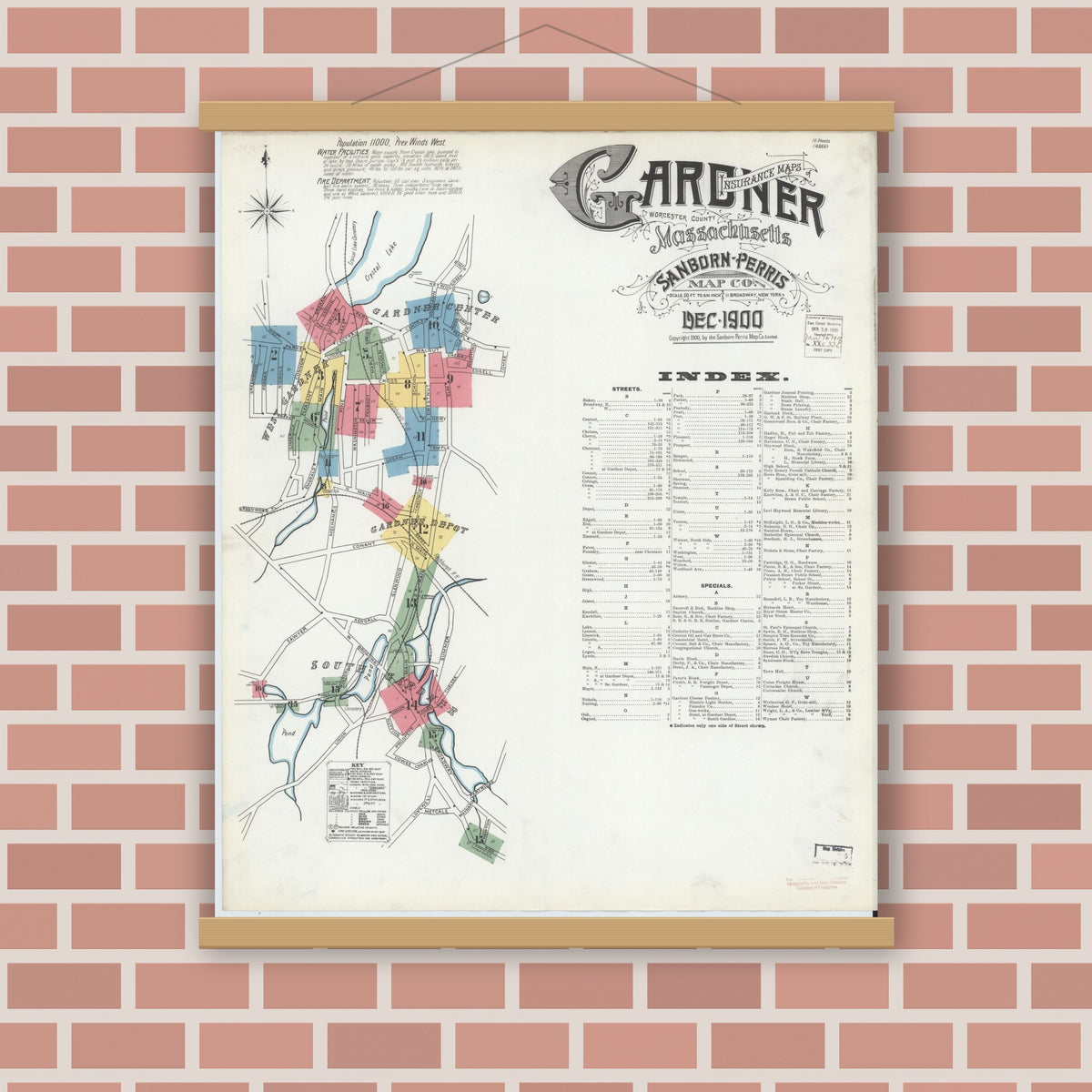 Old map wall art mockup — magnetic wood frame on brick wall — Sanborn Fire Insurance Map from Gardner, Worcester County, Massachusetts (1900), Sheet #0001