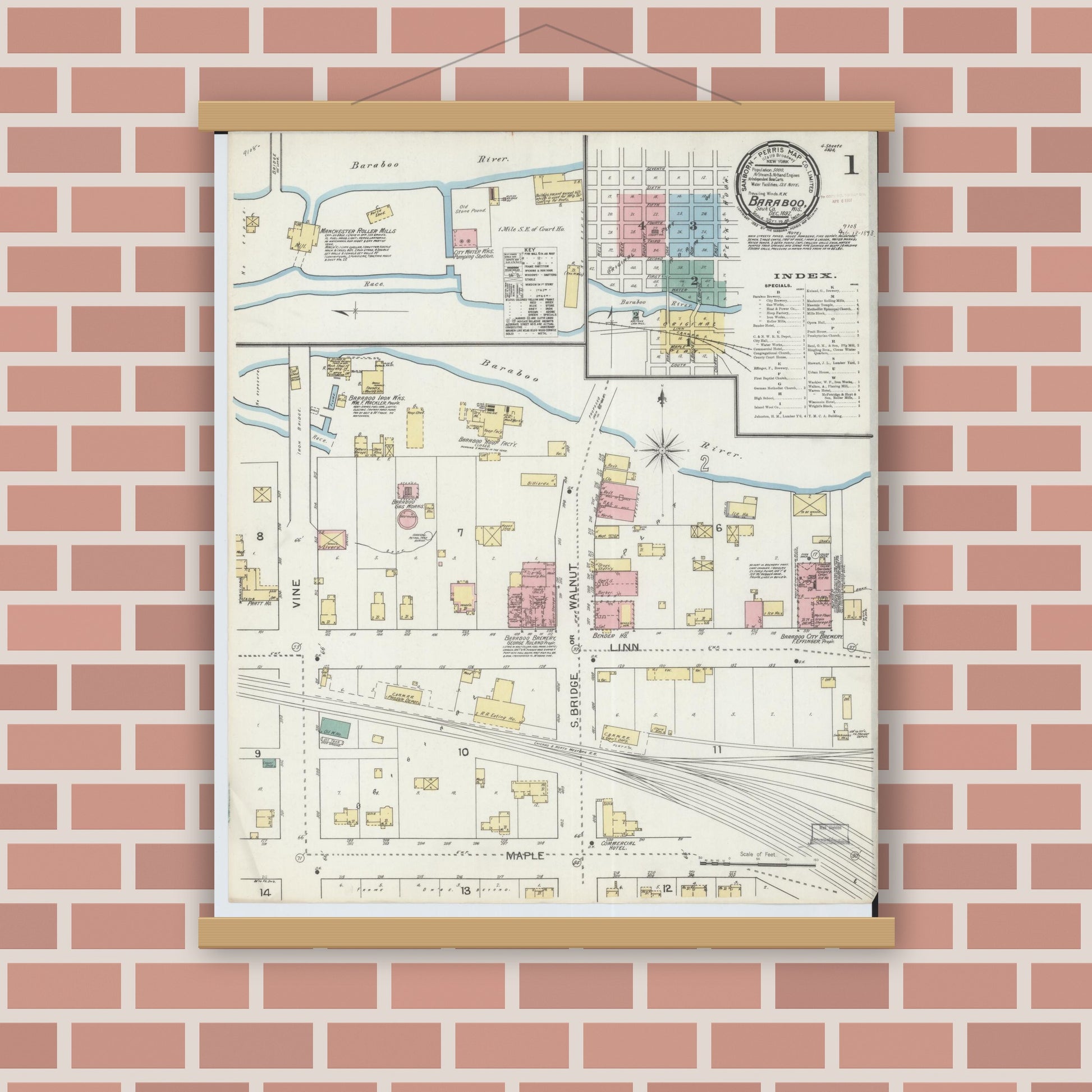 Old map wall art mockup — magnetic wood frame on brick wall — Sanborn Fire Insurance Map from Baraboo, Sauk County, Wisconsin (1892), Sheet #0001