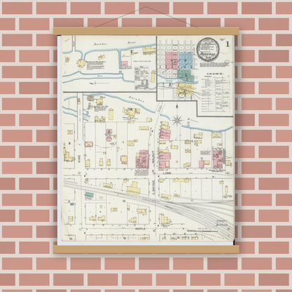 Old map wall art mockup — magnetic wood frame on brick wall — Sanborn Fire Insurance Map from Baraboo, Sauk County, Wisconsin (1892), Sheet #0001