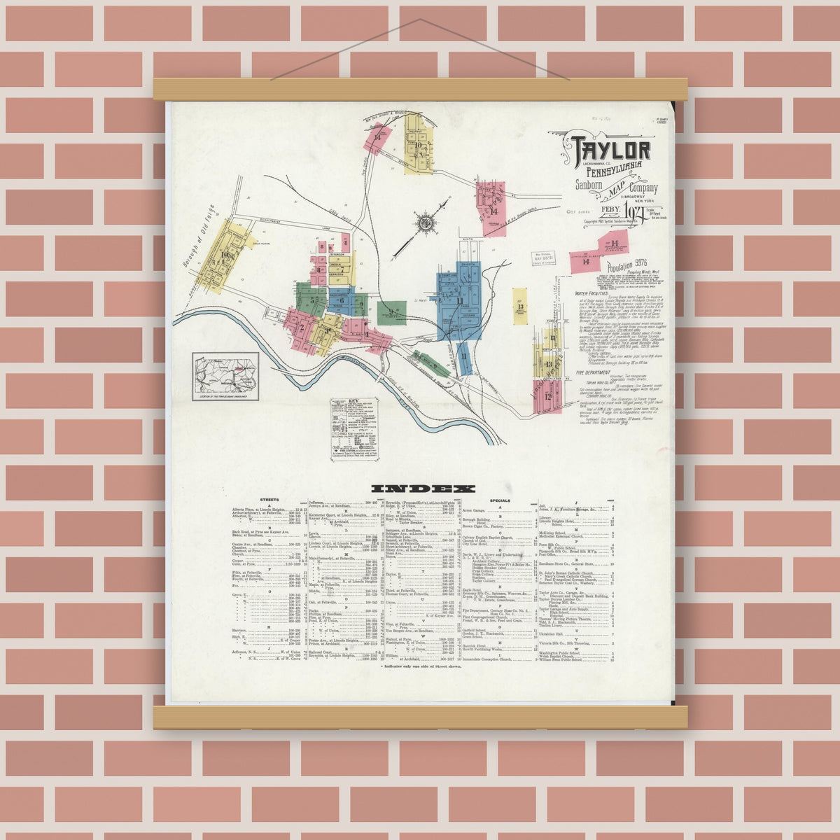 Old map wall art mockup — magnetic wood frame on brick wall — Sanborn Fire Insurance Map from Taylor, Lackawanna County, Pennsylvania (1921) - Complete Map Set