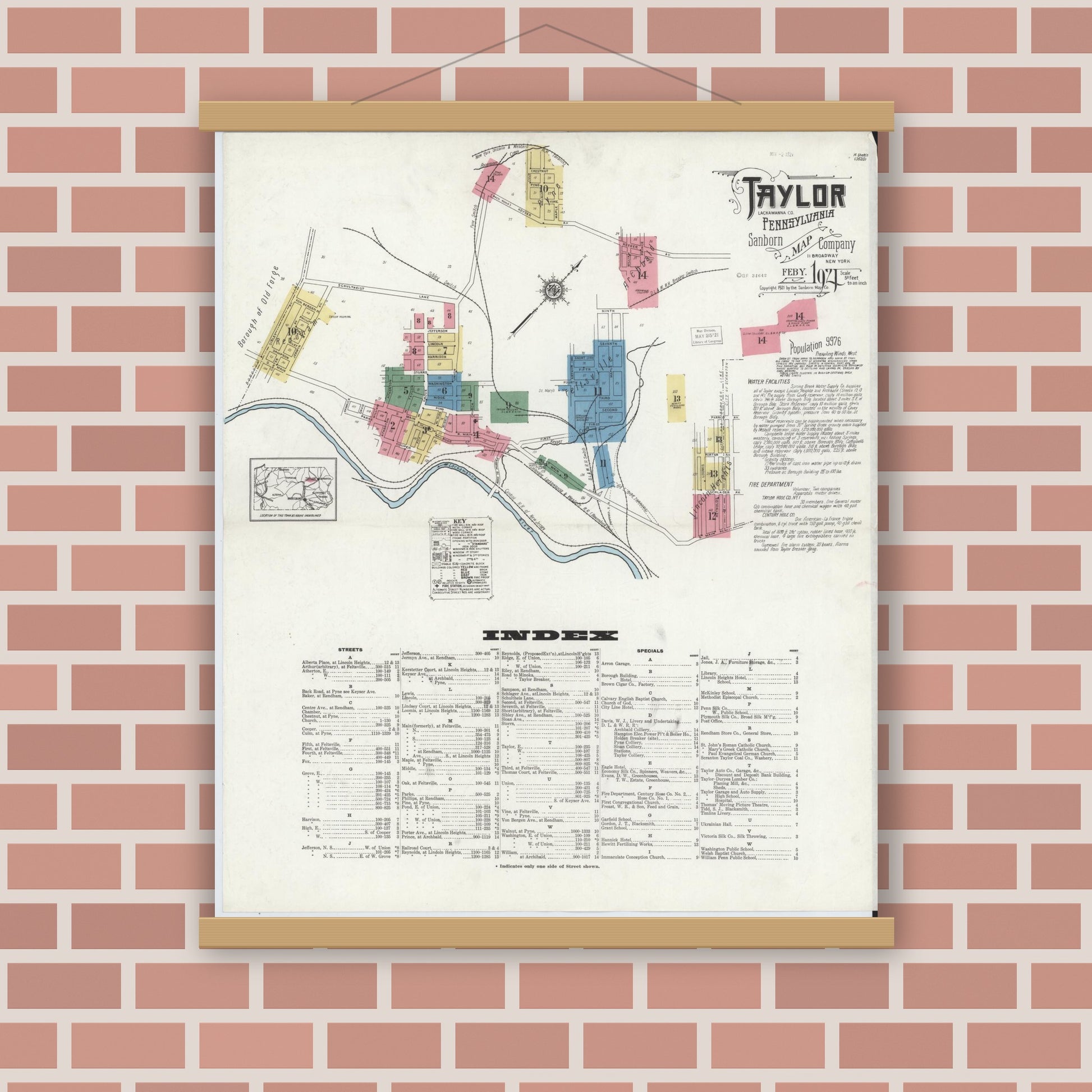 Old map wall art mockup — magnetic wood frame on brick wall — Sanborn Fire Insurance Map from Taylor, Lackawanna County, Pennsylvania (1921) - Complete Map Set