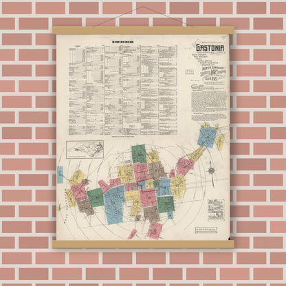 Old map wall art mockup — magnetic wood frame on brick wall — Sanborn Fire Insurance Map from Gastonia, Gaston County, North Carolina (1922) - Complete Map Set