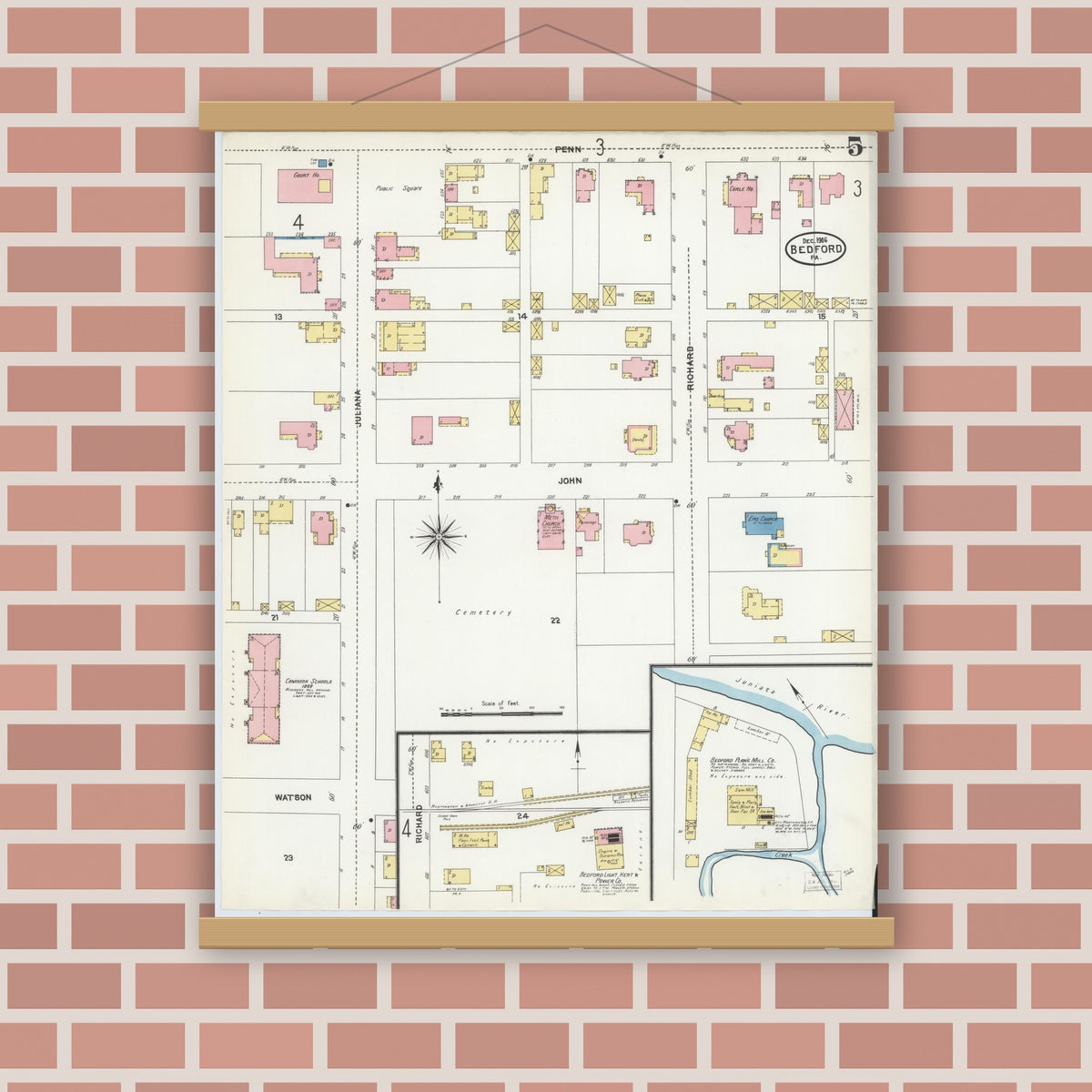 Old map wall art mockup — magnetic wood frame on brick wall — Sanborn Fire Insurance Map from Bedford, Bedford County, Pennsylvania (1906), Sheet #0005