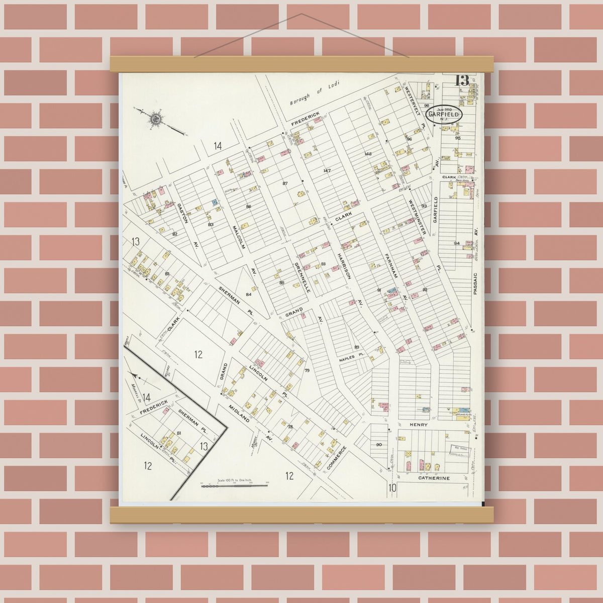 Old map wall art mockup — magnetic wood frame on brick wall — Sanborn Fire Insurance Map from Garfield, Bergen County, New Jersey (1910), Sheet #0013