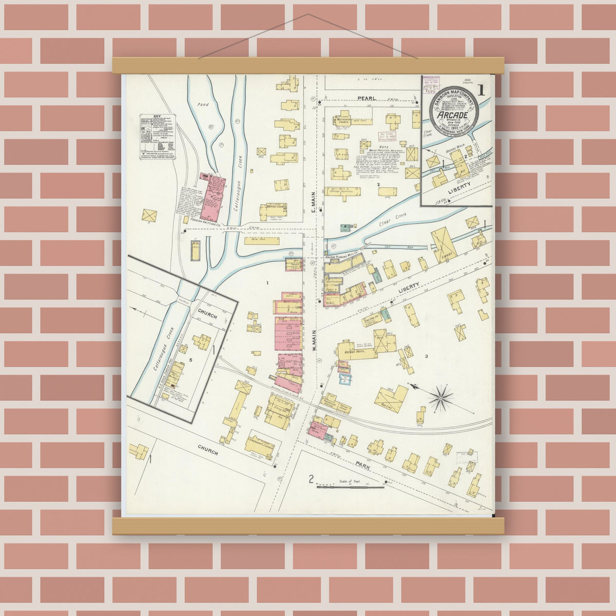 Old map wall art mockup — magnetic wood frame on brick wall — Sanborn Fire Insurance Map from Arcade, Wyoming County, New York (1905) - Complete Map Set