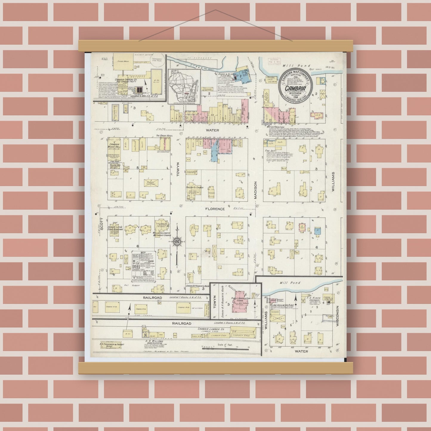 Old map wall art mockup — magnetic wood frame on brick wall — Sanborn Fire Insurance Map from Cambria, Columbia County, Wisconsin (1914), Sheet #0001