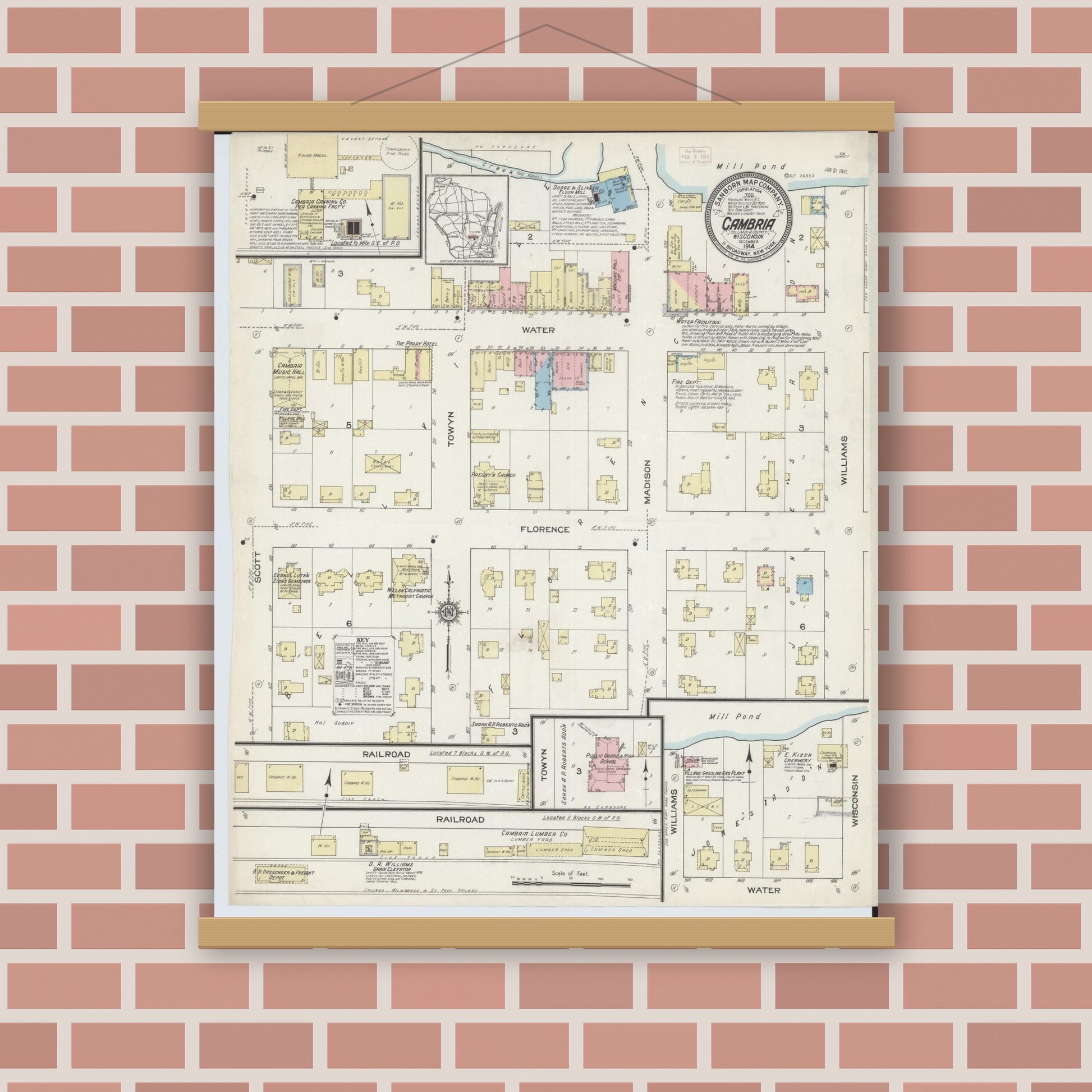Old map wall art mockup — magnetic wood frame on brick wall — Sanborn Fire Insurance Map from Cambria, Columbia County, Wisconsin (1914), Sheet #0001
