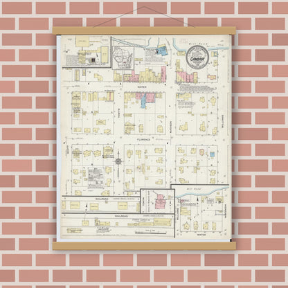 Old map wall art mockup — magnetic wood frame on brick wall — Sanborn Fire Insurance Map from Cambria, Columbia County, Wisconsin (1914), Sheet #0001