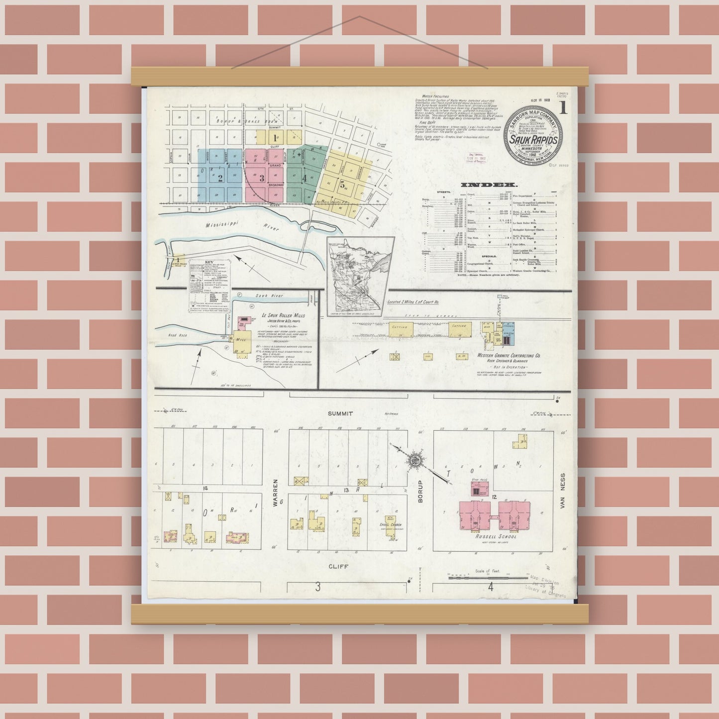 Old map wall art mockup — magnetic wood frame on brick wall — Sanborn Fire Insurance Map from Sauk Rapids, Benton County, Minnesota (1912) - Complete Map Set