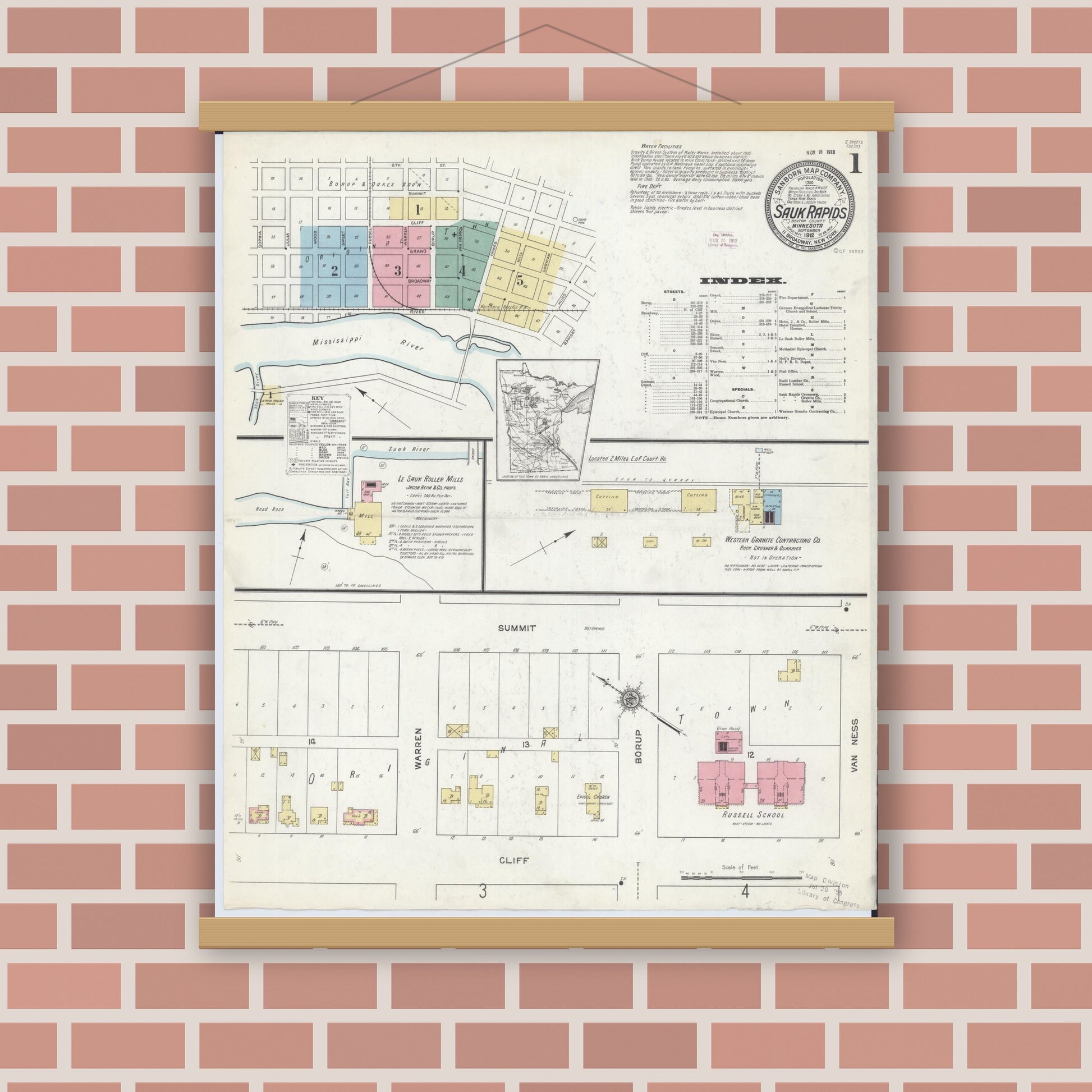 Old map wall art mockup — magnetic wood frame on brick wall — Sanborn Fire Insurance Map from Sauk Rapids, Benton County, Minnesota (1912) - Complete Map Set