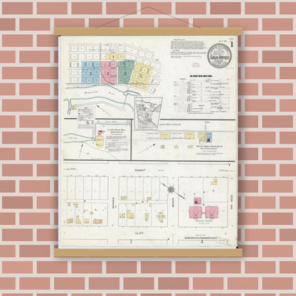 Old map wall art mockup — magnetic wood frame on brick wall — Sanborn Fire Insurance Map from Sauk Rapids, Benton County, Minnesota (1912) - Complete Map Set