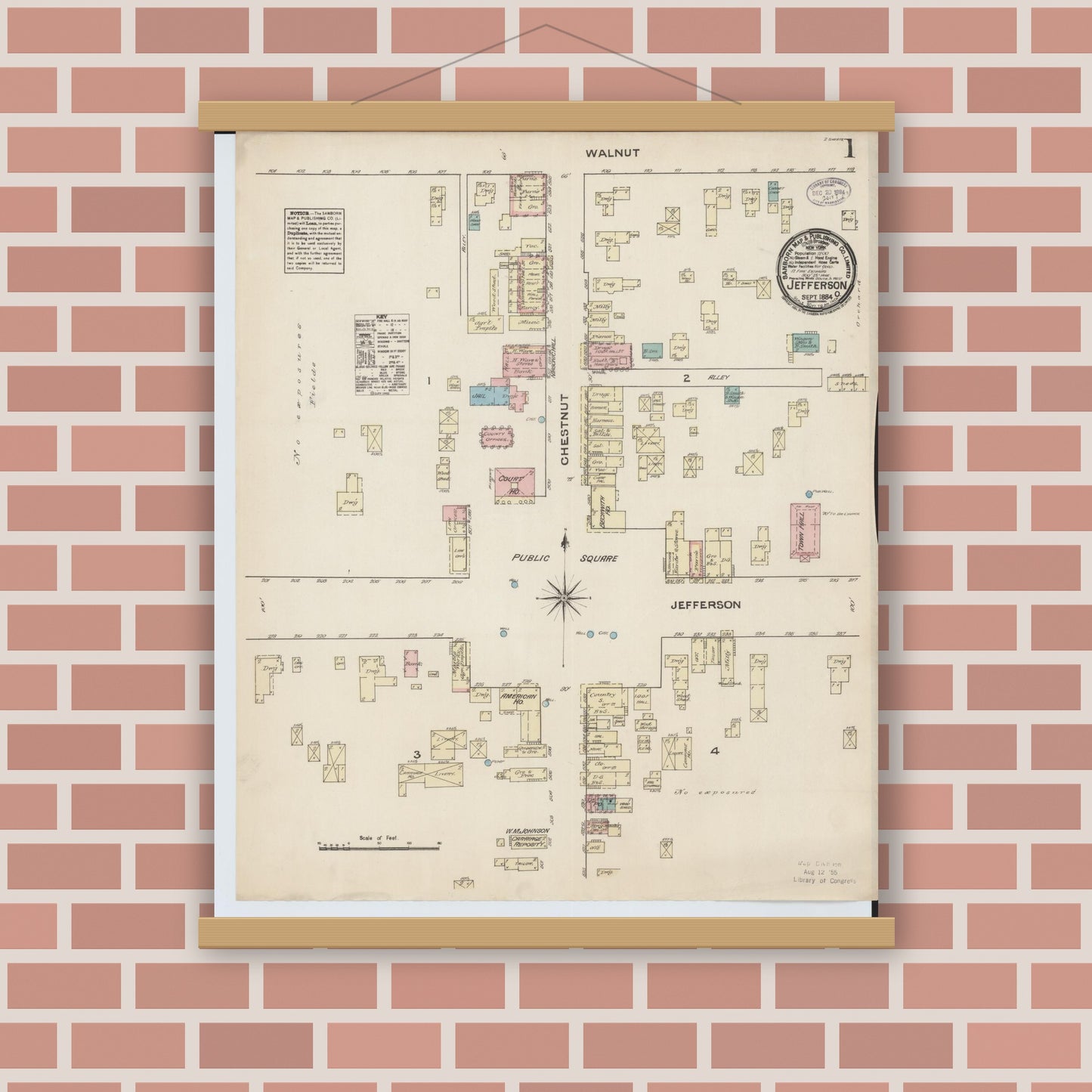 Old map wall art mockup — magnetic wood frame on brick wall — Sanborn Fire Insurance Map from Jefferson, Ashtabula County, Ohio (1884) - Complete Map Set