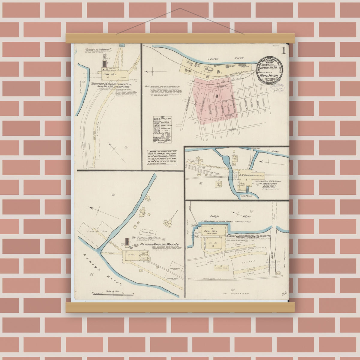 Old map wall art mockup — magnetic wood frame on brick wall — Sanborn Fire Insurance Map from White Haven, Luzerne County, Pennsylvania (1884), Sheet #0001