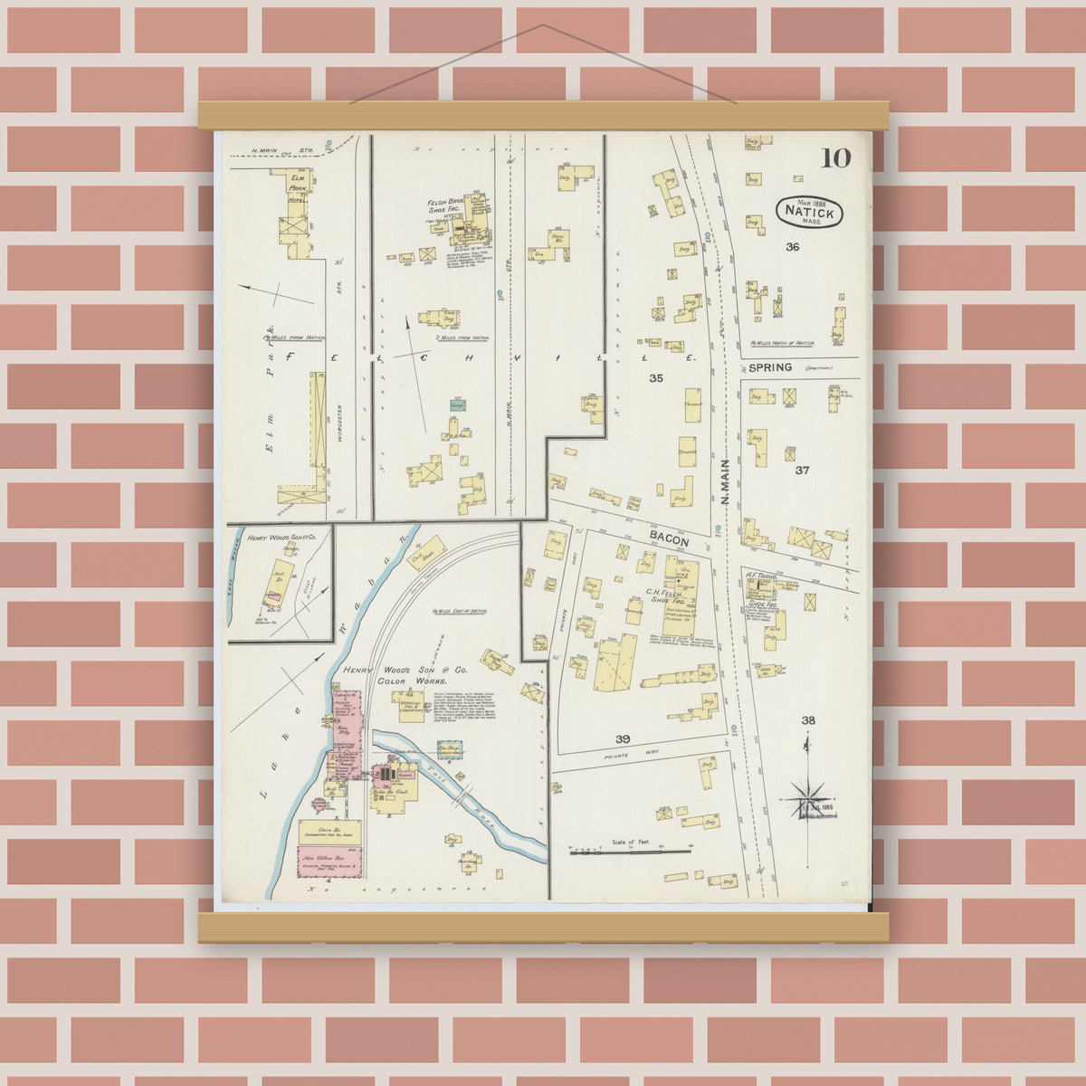 Old map wall art mockup — magnetic wood frame on brick wall — Sanborn Fire Insurance Map from Natick, Middlesex County, Massachusetts (1888), Sheet #0010