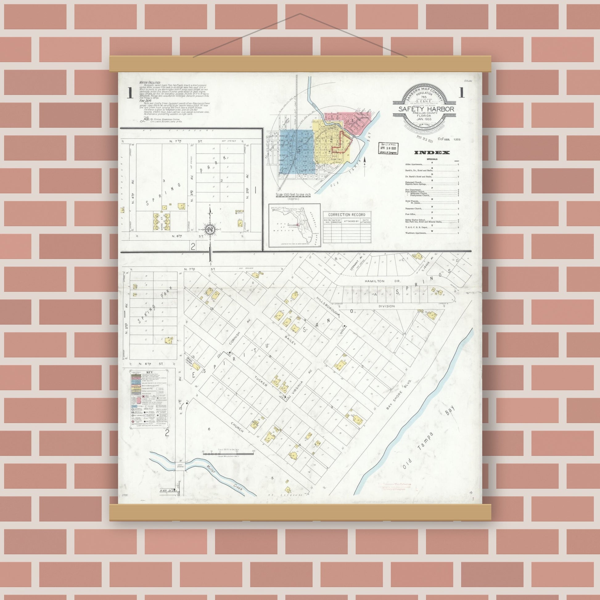 Old map wall art mockup — magnetic wood frame on brick wall — Sanborn Fire Insurance Map from Safety Harbor, Pinellas County, Florida (1933), Sheet #0001