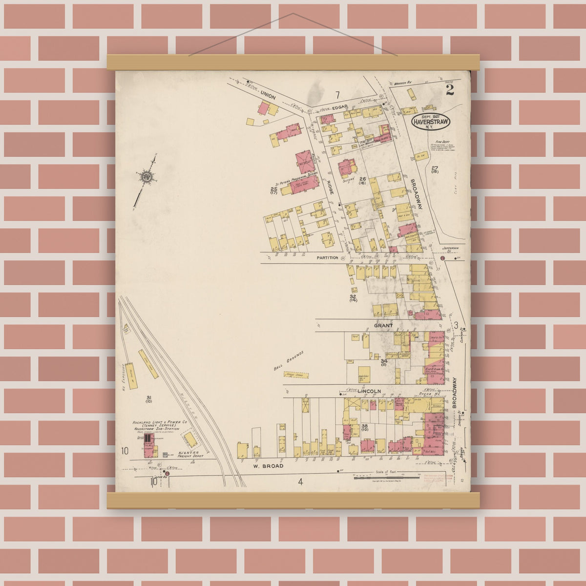 Old map wall art mockup — magnetic wood frame on brick wall — Sanborn Fire Insurance Map from Haverstraw, Rockland County, New York (1921) - Complete Map Set