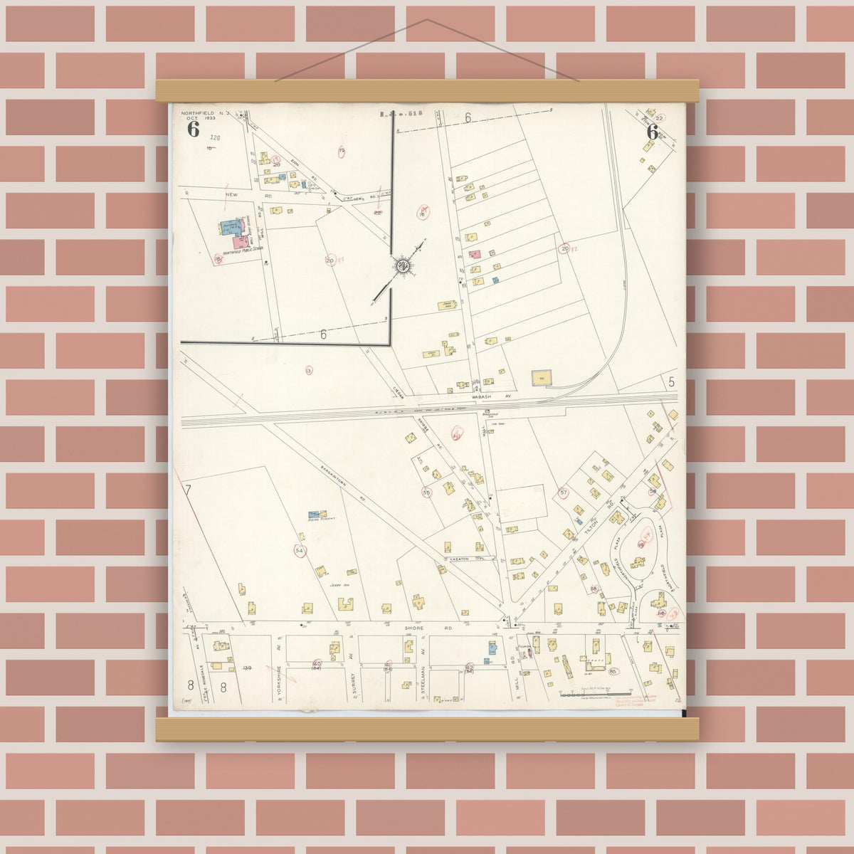 Old map wall art mockup — magnetic wood frame on brick wall — Sanborn Fire Insurance Map from Northfield, Atlantic County, New Jersey (1942), Sheet #0006
