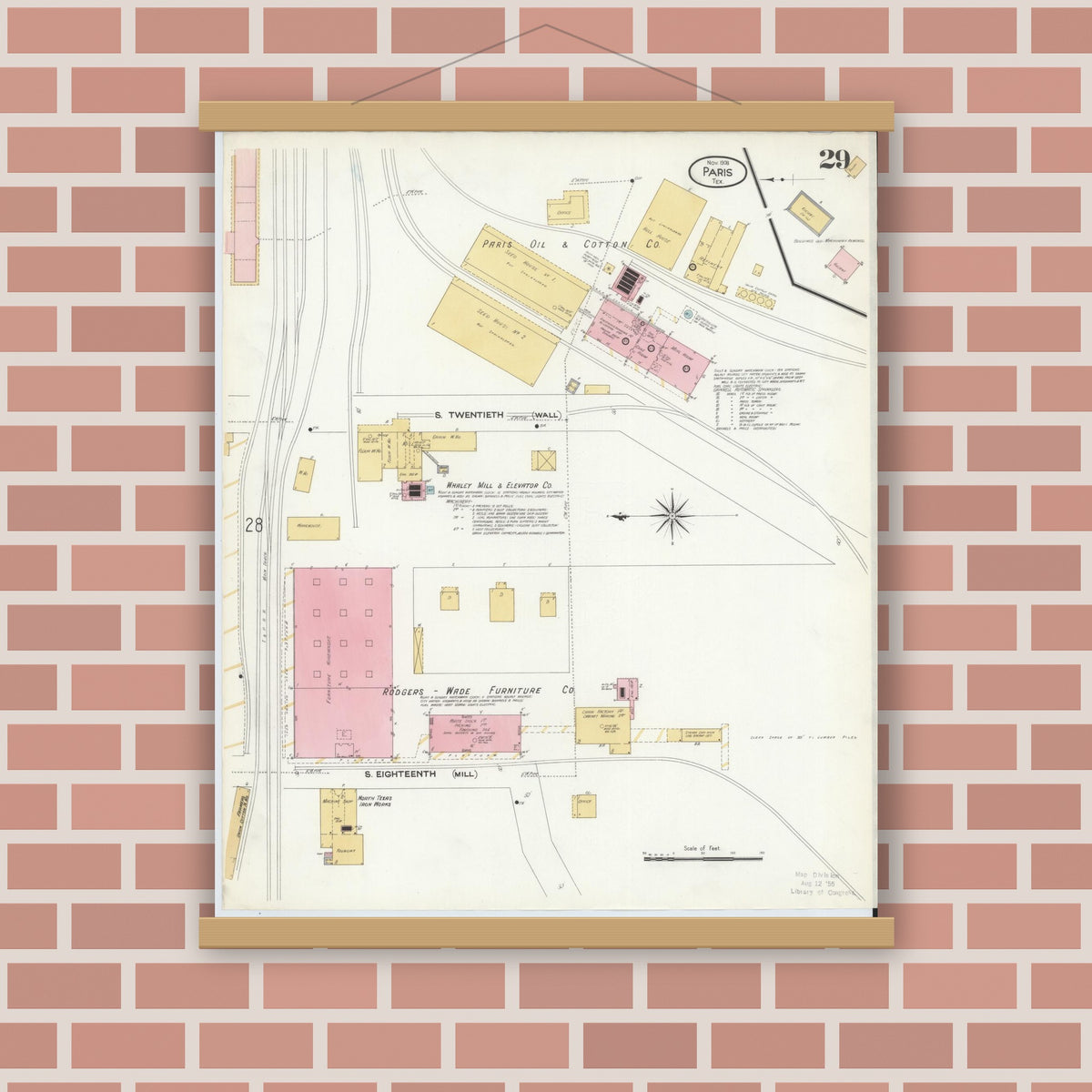 Old map wall art mockup — magnetic wood frame on brick wall — Sanborn Fire Insurance Map from Paris, Lamar County, Texas (1908), Sheet #0029