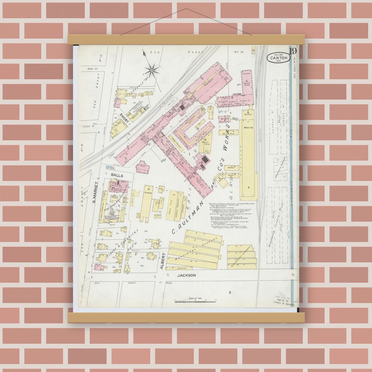Old map wall art mockup — magnetic wood frame on brick wall — Sanborn Fire Insurance Map from Canton, Stark County, Ohio (1891), Sheet #0019