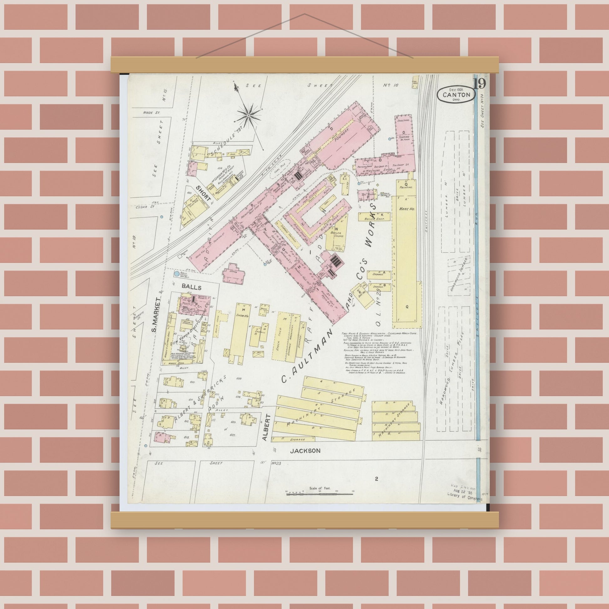 Old map wall art mockup — magnetic wood frame on brick wall — Sanborn Fire Insurance Map from Canton, Stark County, Ohio (1891), Sheet #0019