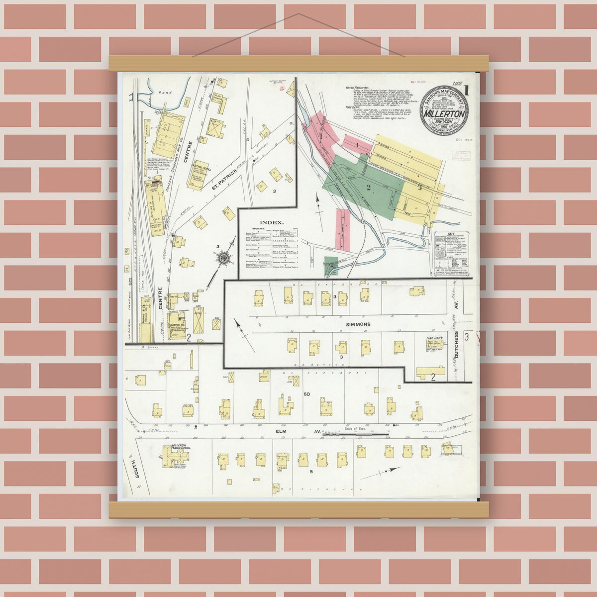 Old map wall art mockup — magnetic wood frame on brick wall — Sanborn Fire Insurance Map from Millerton, Dutchess County, New York (1910), Sheet #0001
