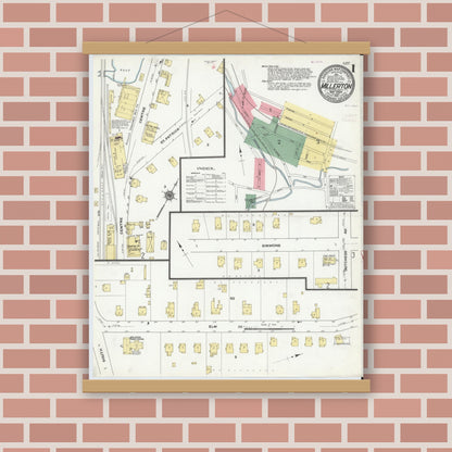 Old map wall art mockup — magnetic wood frame on brick wall — Sanborn Fire Insurance Map from Millerton, Dutchess County, New York (1910), Sheet #0001